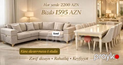 Künc divan + masa və 6 stul dəsti, açıq bej