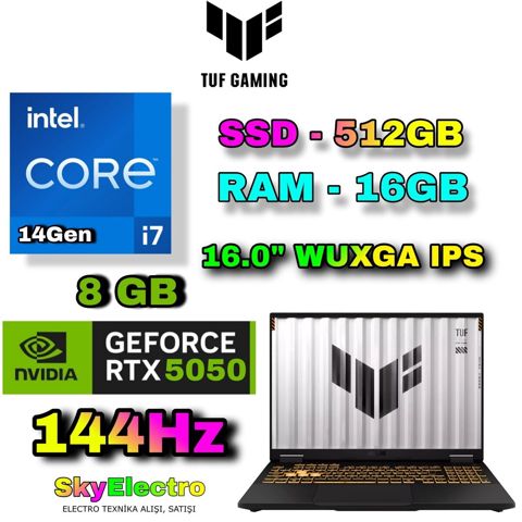 Asus TUF F16 Gaming Noutbuk (i7-14Gen, RTX 5050, 16GB RAM, 512GB SSD)