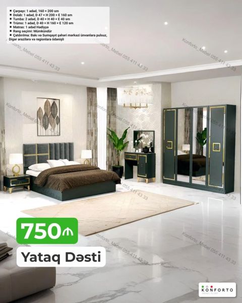 Yataq Dəsti – 750₼ Komplekt: - Çarpayı: 1 ədəd, 160 × 200 sm - Dolab