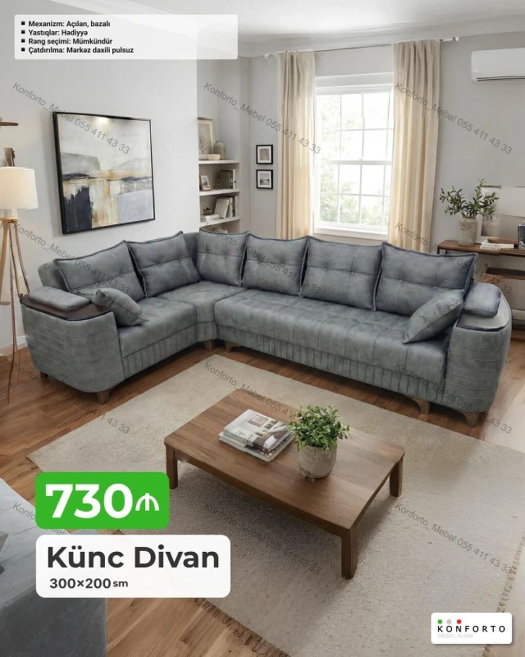 Künc divan – 300×200 sm ölçü Qiymət: 730 AZN - Mexanizm: Açılan — Mebel, Bakı