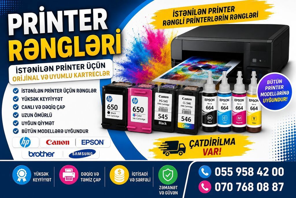 Printer kartriclləri — HP, Canon, Epson, Brother üçün orijinal və uyğun modellər