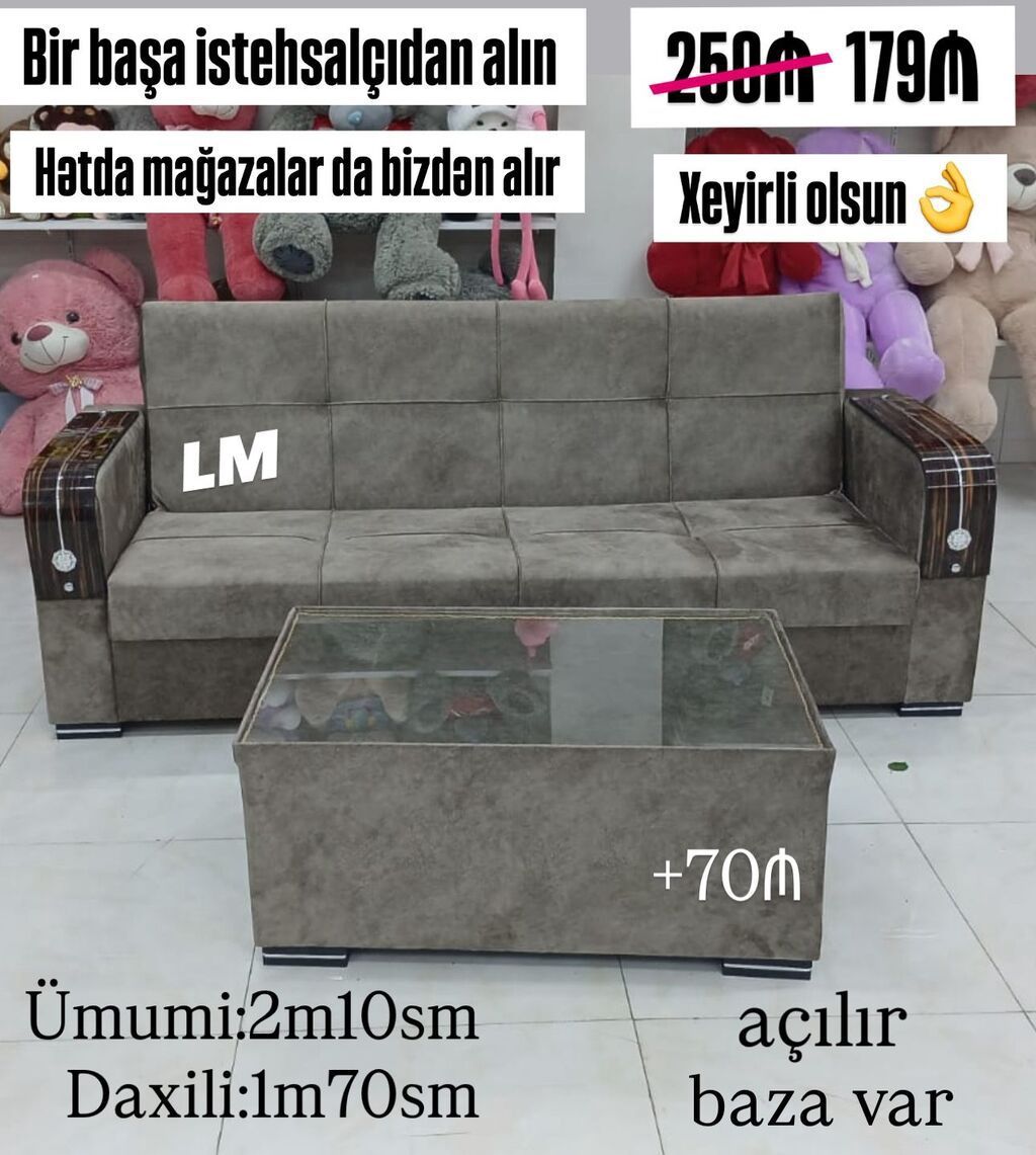 Açılan mexanizmalı divan və şüşə üstlü masadan ibarət dəst. Divan: - — Mebel, Bakı