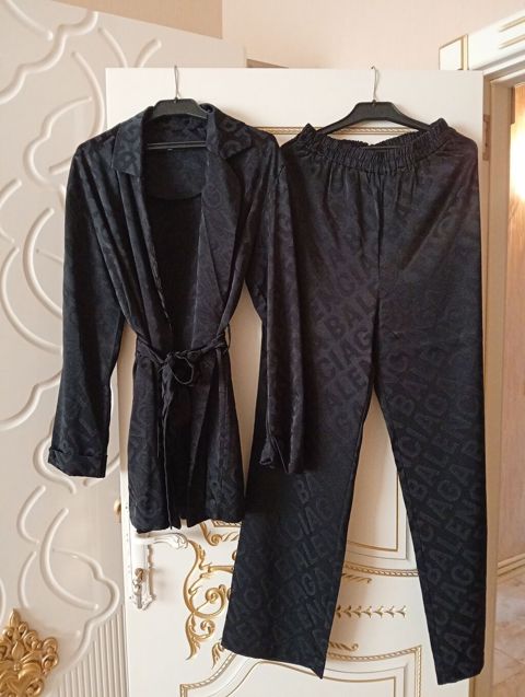 Qadın pijama stildə şalvar + kimano dəsti – qara rəng, atlas parça -