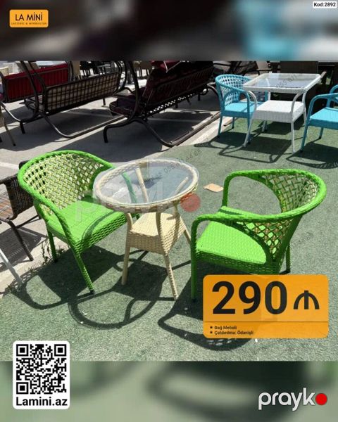 Bağ mebeli dəsti – 1 masa + 2 kreslo - Kod: 2892 - Rəng: yaşıl — Bakı
