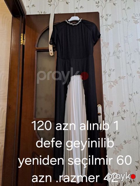 Qara rəngli zərif kombinezof. Yuxarı hissə qısaqollu, daş-kristal yaxası, ölçü 42 — Bakı