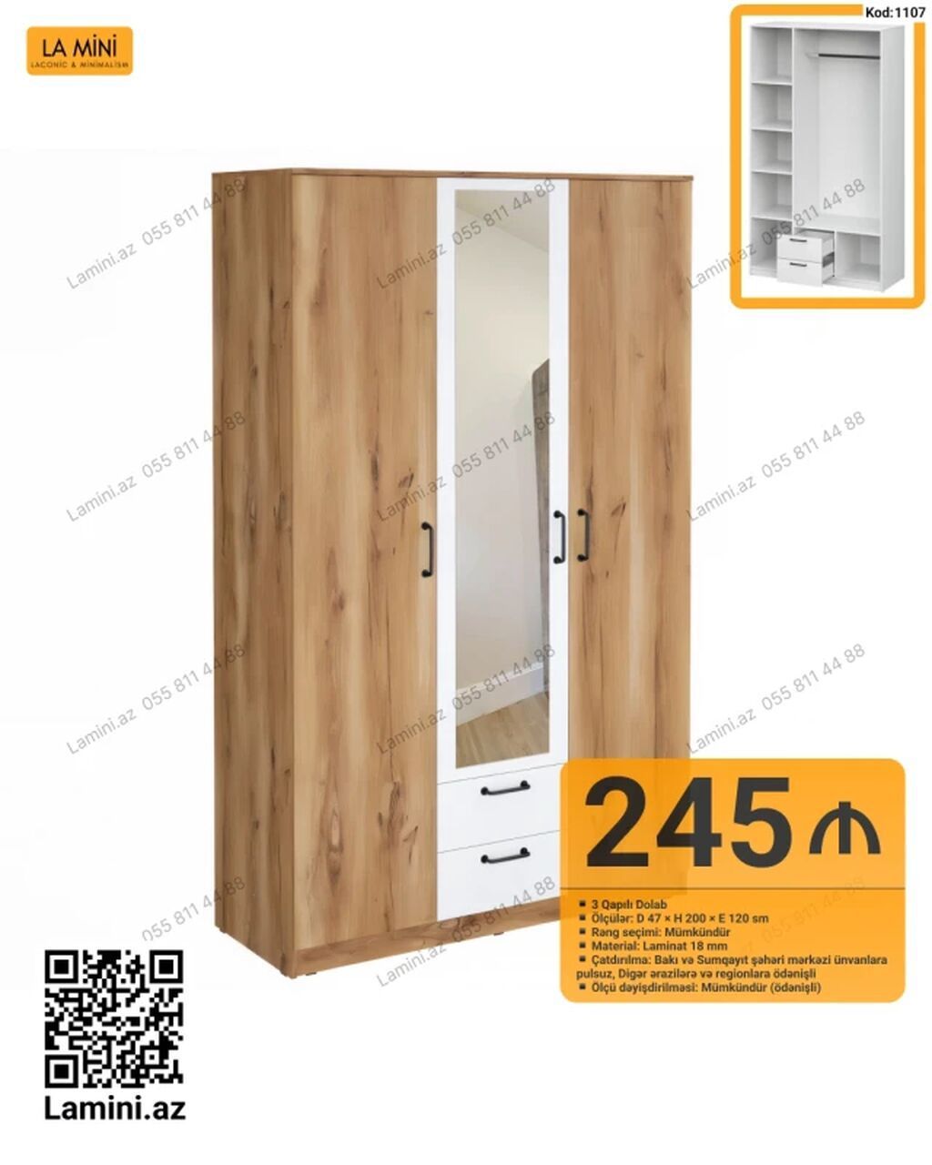 LA MINI 3 qapılı dolab – kod: 1107 - Ölçülər: D 47 × H 200 × E 120 sm