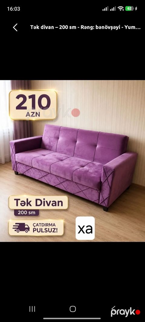 Divan, Yeni, Açılmayan, Vеlur parça, Şəhərdaxili pulsuz çatdırılma