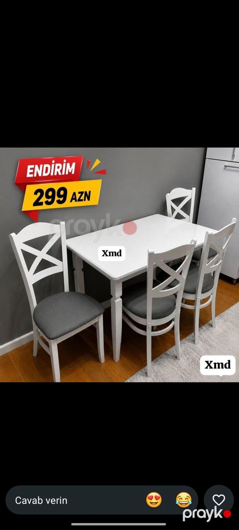 Mətbəx üçün, Yeni, Açılmayan, Dördbucaq masa, 4 stul