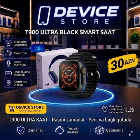 T900 Ultra Black Smart Saat - Bluetooth bağlantısı - Təmiz səs və