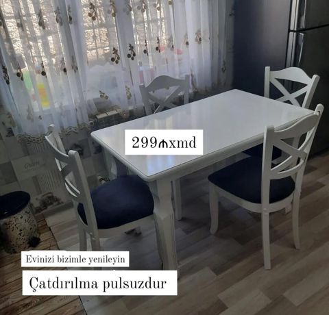 Ağ rəngli mətbəx/stol dəsti – 1 stol + 4 stul - Zərif, klassik dizayn;