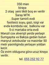 Kirayə 2 otaqlı yeni tikili mənzil — Saray MTK - Super təmirli — Firuz