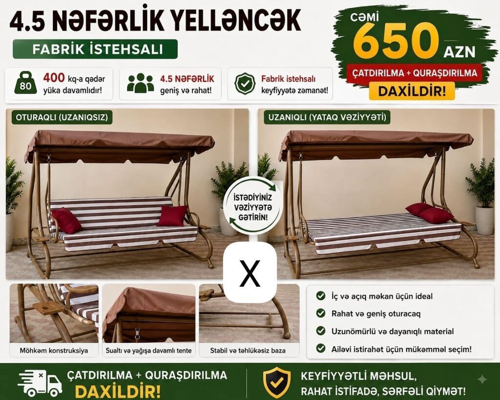 4.5 nəfərlik yelləncək – fabrik istehsalı - Cəmi 650 AZN - Çatdırılma