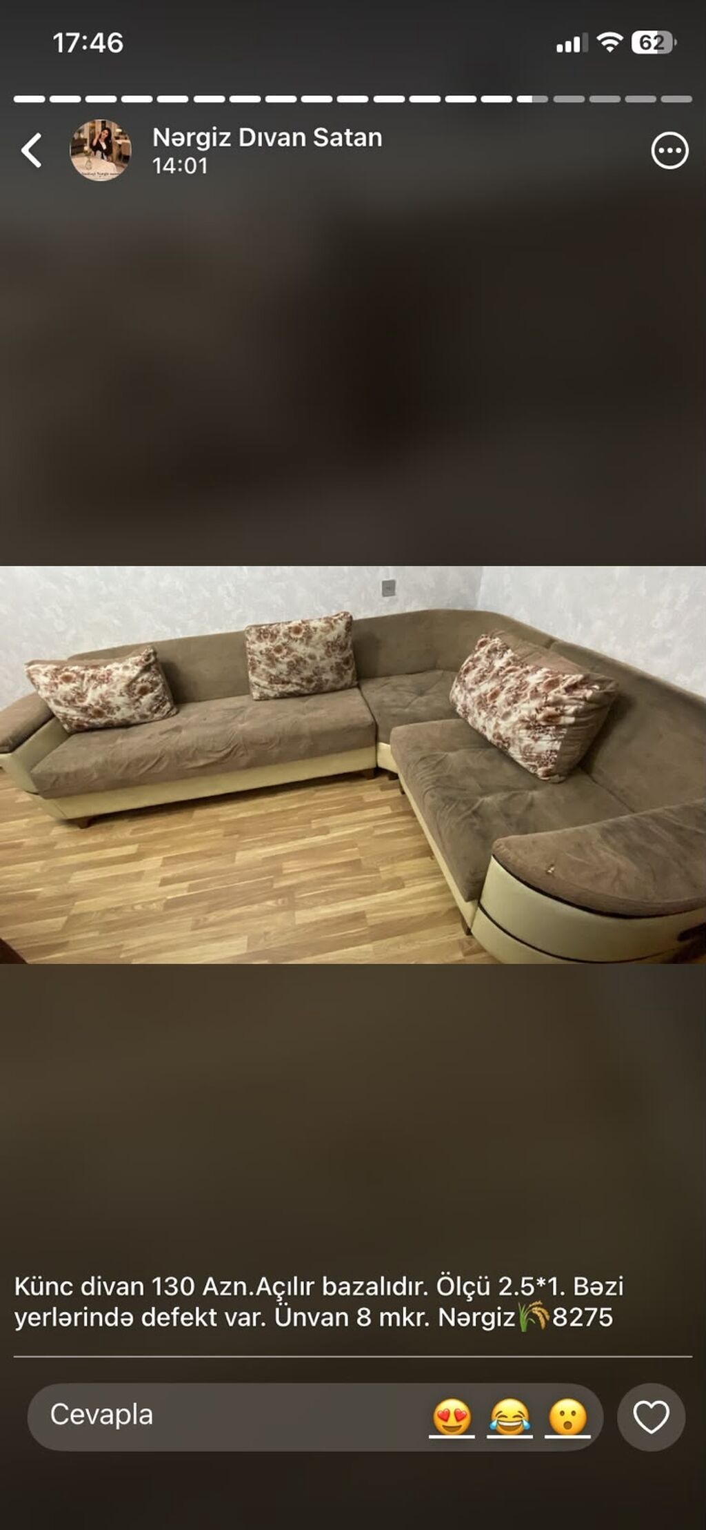 Künc divan – açılan və bazalı model. - Ölçü: 2.5 × 1 m - Künc forması