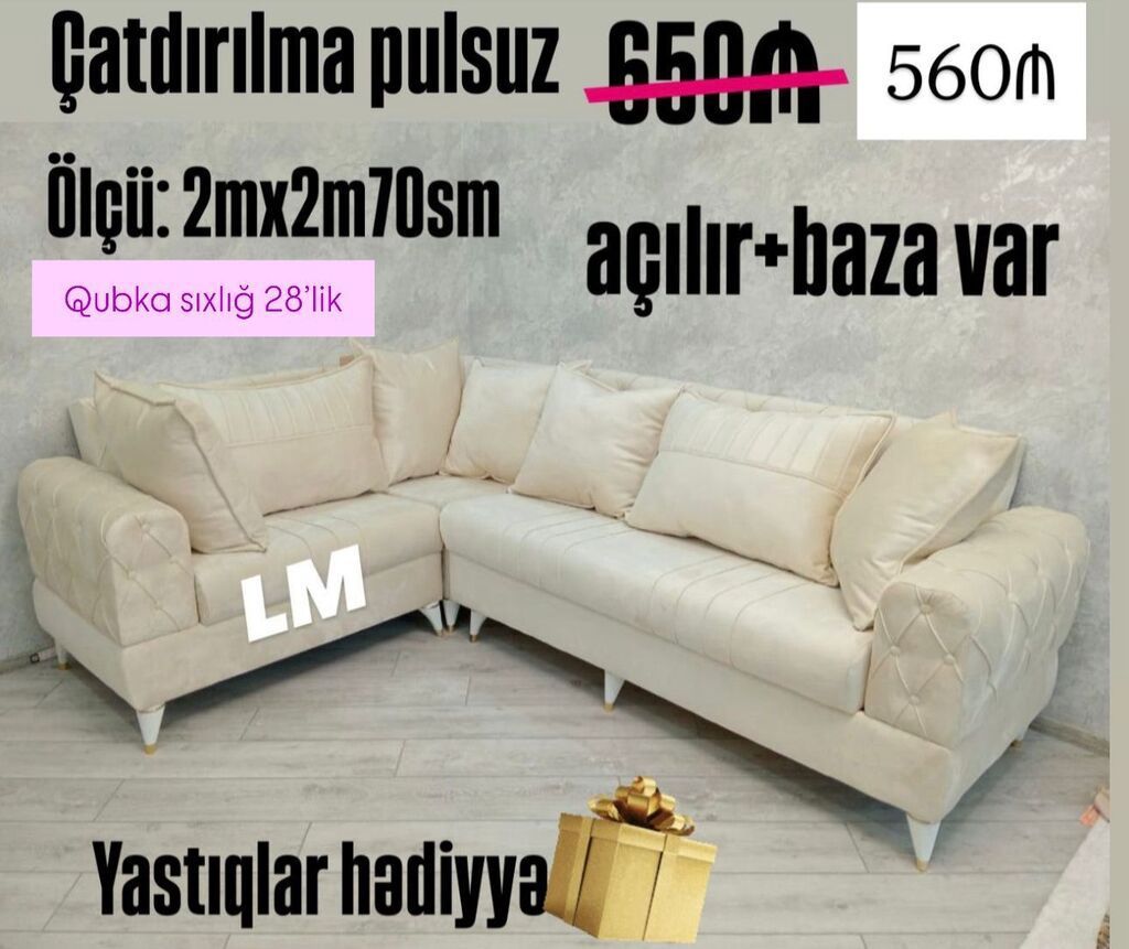 L‑şəkilli yumşaq künc divan - Ölçü: 2 m x 2 m 70 sm - Açılır — Mebel, Bakı