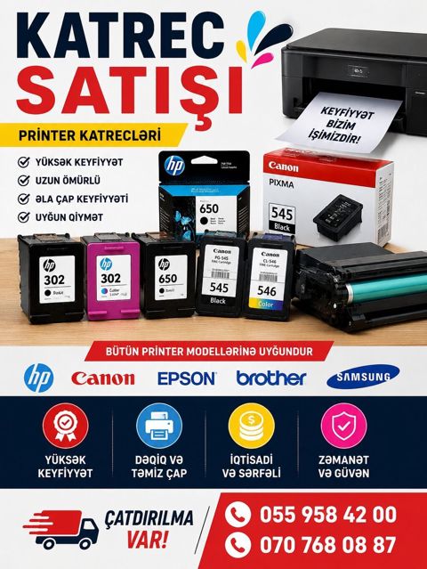 Printer katrecləri – HP, Canon, Epson, Brother və Samsung modelləri