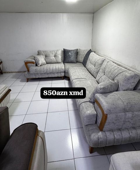 Künc dəstli divan – 850 AZN - Rəng: Açıq boz, dekorativ tikişli -