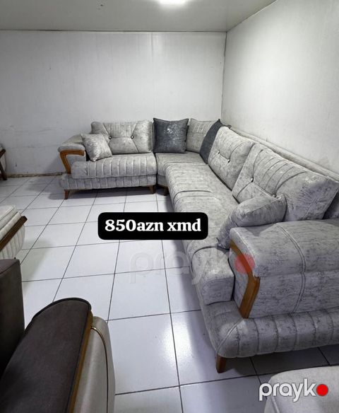 Künc dəstli divan – 850 AZN - Rəng: Açıq boz, dekorativ tikişli -