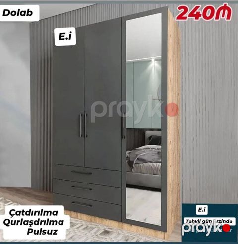 Yeni, 3 qapılı, Güzgülü, Açılan, Düz dolab