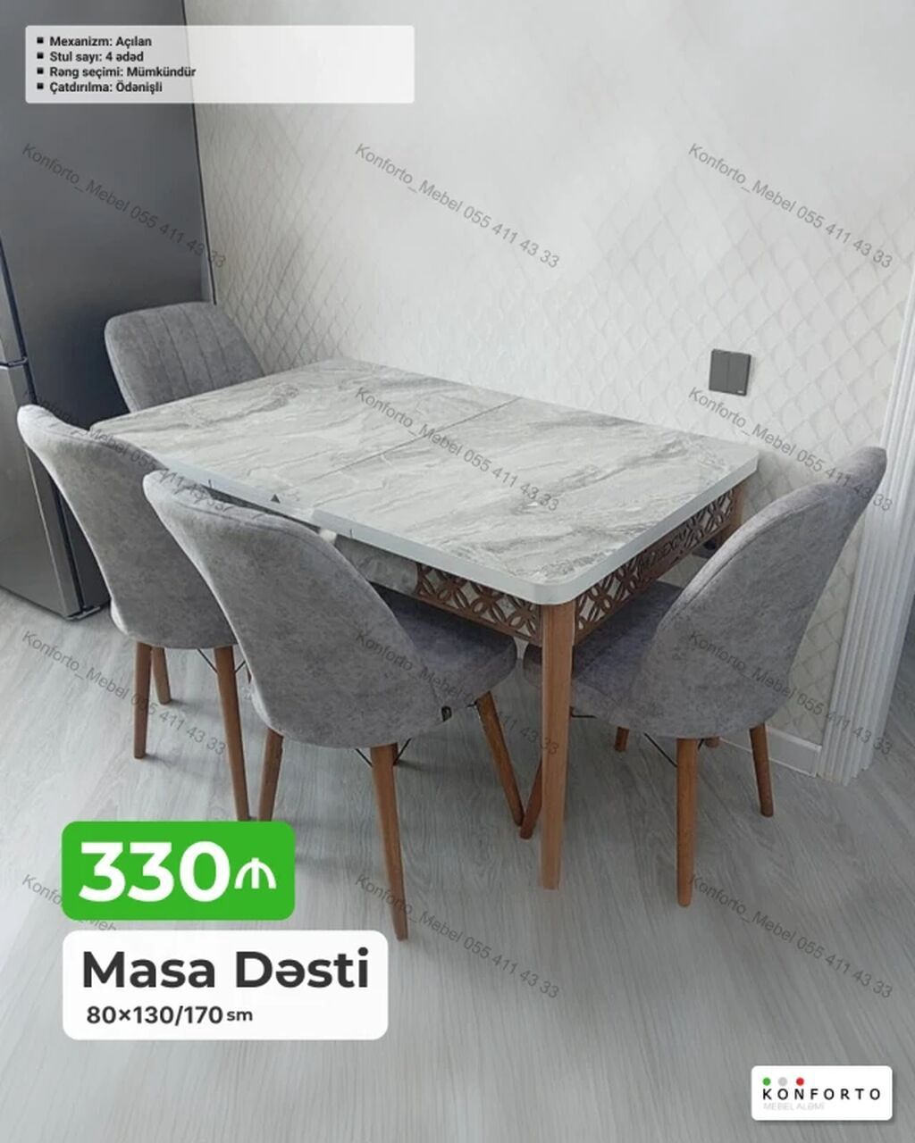 Masa Dəsti – açılan mexanizmli - Ölçü: 80×130/170 sm (genişlənən stol)