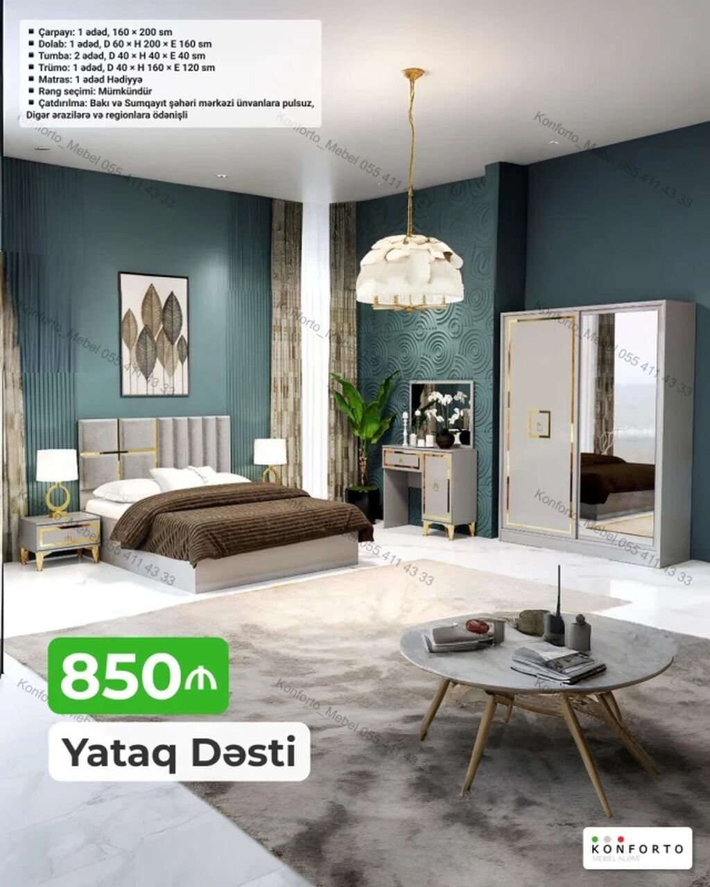 Yataq Dəsti – 850 ₼ Komplekt: - Çarpayı: 1 ədəd, 160 × 200 sm -