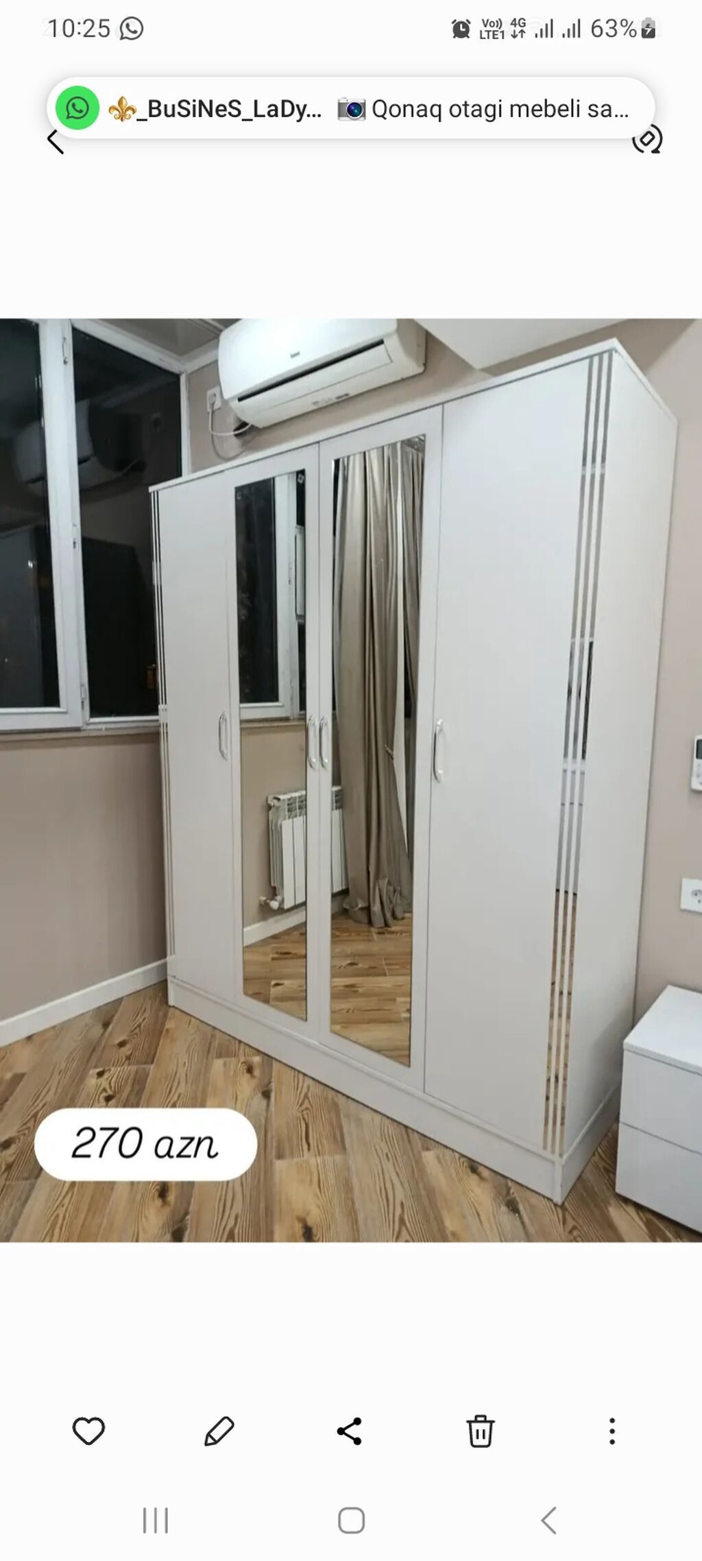 Ağ rəngli 4 qapılı paltar şkafı - Orta hissədə 2 ədəd tam ölçülü güzgü — Mebel, Bakı