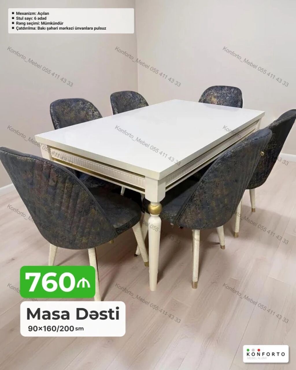 Masa Dəsti – 6 stullu, açılan mexanizmli - Ölçü: 90×160/200 sm (masa
