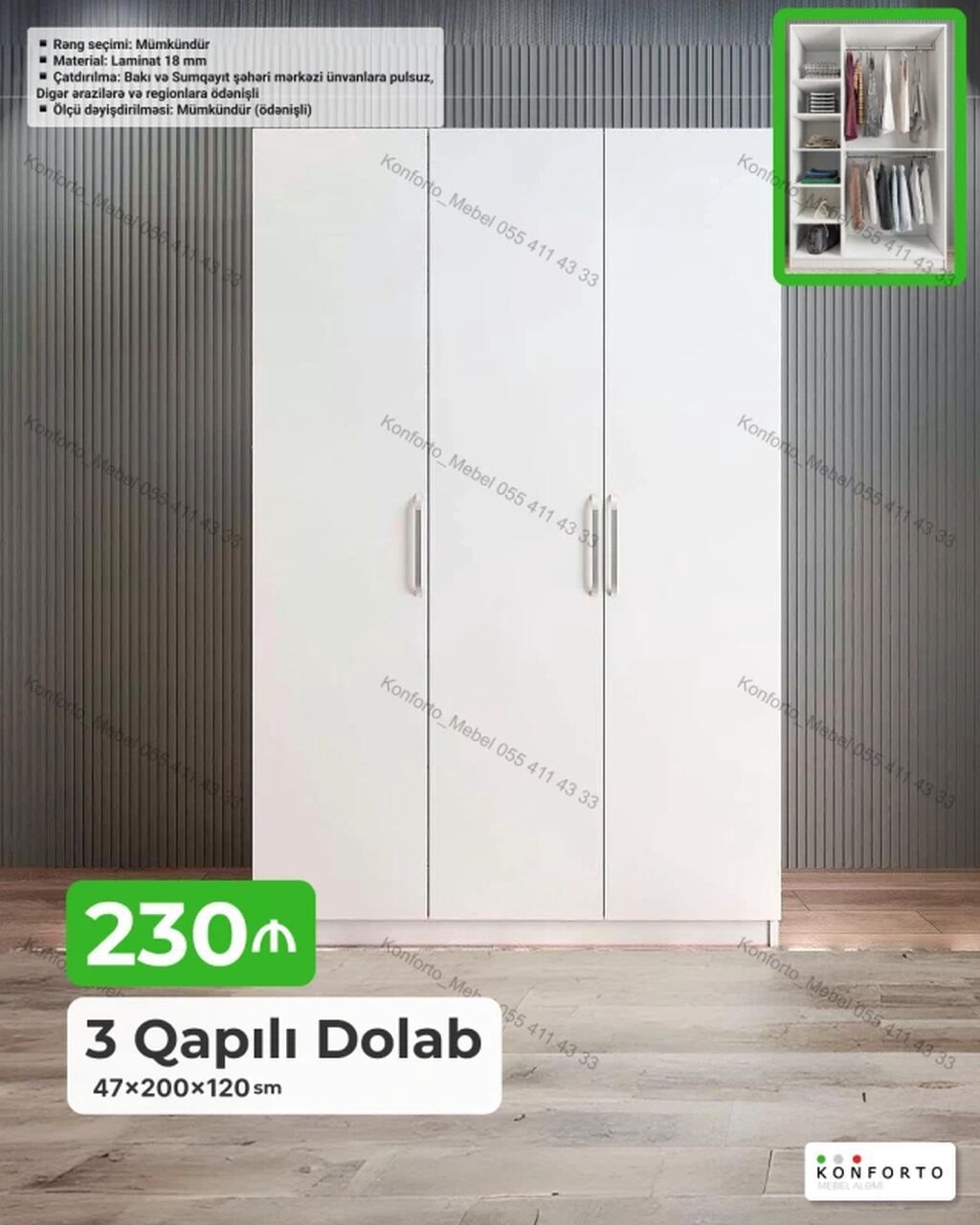 3 qapılı paltar dolabı - Ölçü: 47 × 200 × 120 sm - Material: 18 mm — Mebel, Bakı