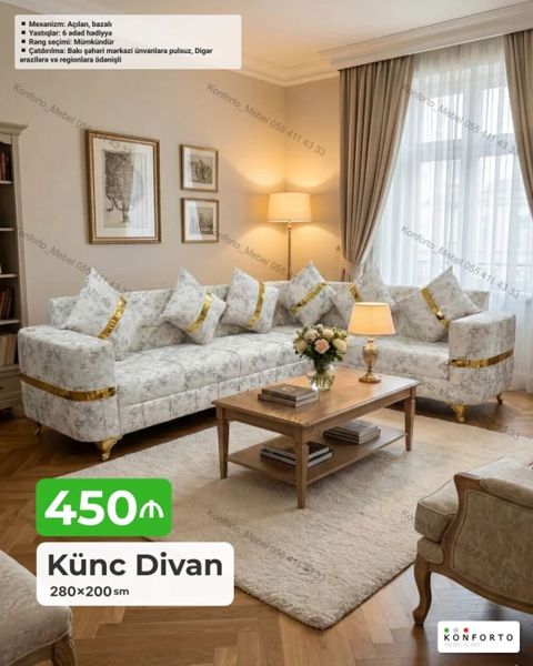 Künc divan – 280×200 sm, mexanizm açılan, bazalı — Bakı