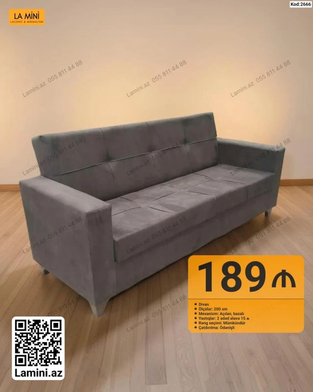 Divan – Kod: 2666 - Ölçü: 200 sm - Mexanizm: Açılan, bazalı - — Mebel, Bakı