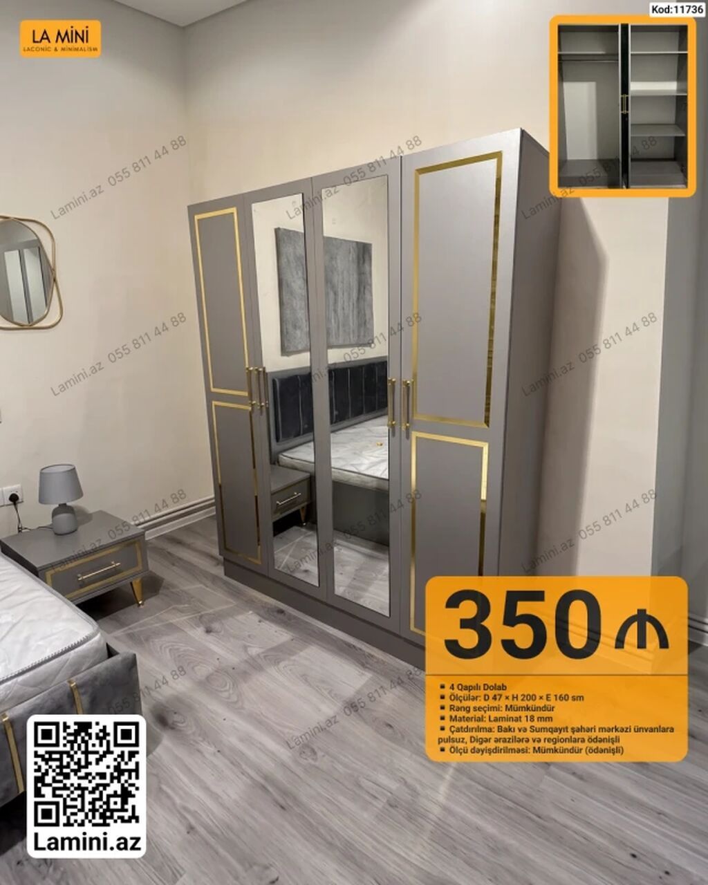 4 qapılı paltar dolabı – La Mini (Kod: 11736) - Ölçülər: D 47 × H 200 — Mebel, Bakı