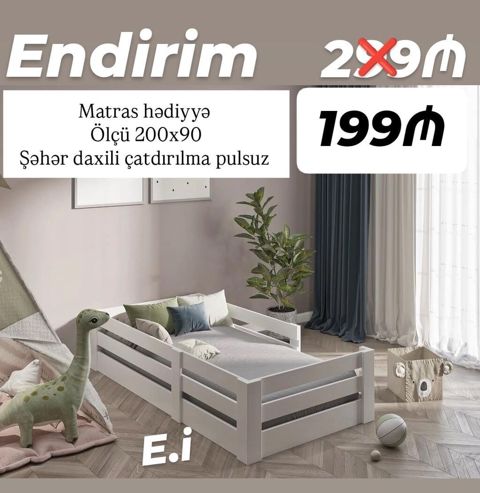 Uşaq çarpayısı – endirimli təklif • Ölçü: 200×90 sm • Rəng: ağ •