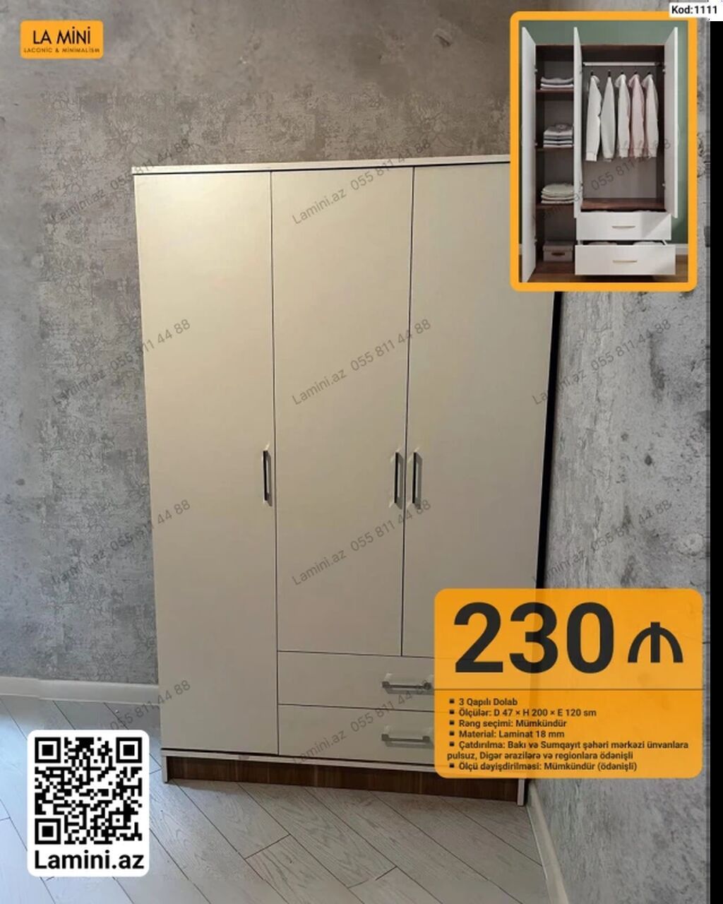 3 qapılı dolab - Model kodu: 1111 (LA MINI) - Ölçülər: Dərinlik 47 sm