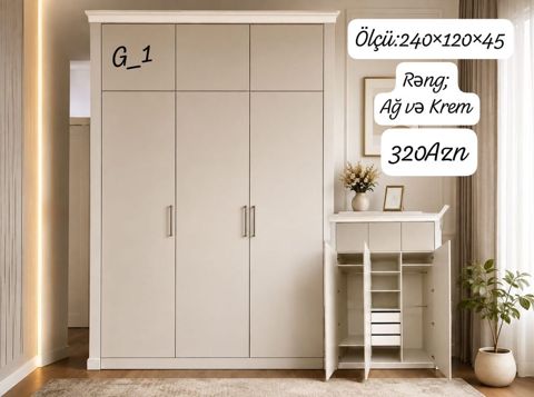 G_1 model paltar dolabı - Ölçü: 240×120×45 sm - Rəng: ağ və krem - — NM Mebel — Şkaflar