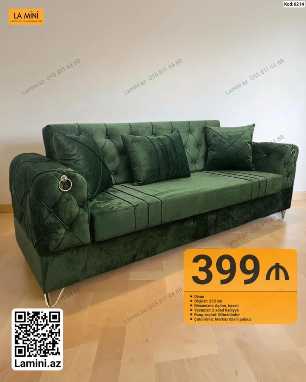 Yaşıl məxməri divan – Kod: 6214 - Ölçü: 250 sm - Mexanizm: açılan — Mebel, Bakı