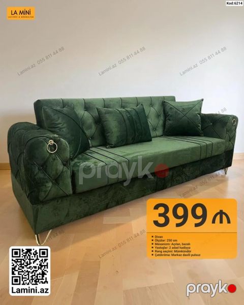 Yaşıl məxməri divan – Kod: 6214 Ölçü: 250 sm Mexanizm: açılan — Bakı