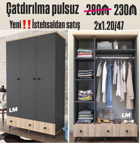 3 qapılı paltar şkafı — 2×1.20×0.47 m, laminat