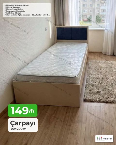 Çarpayı – 90×200 sm - Sadə və müasir dizaynlı tək nəfərlik çarpayı -