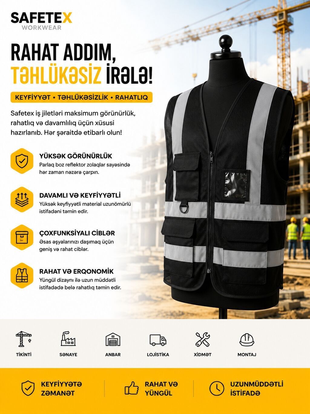 Safetex İş Jiletləri (Sarı, Standart Ölçü) — Qorunma vasitələri, Digah (9)