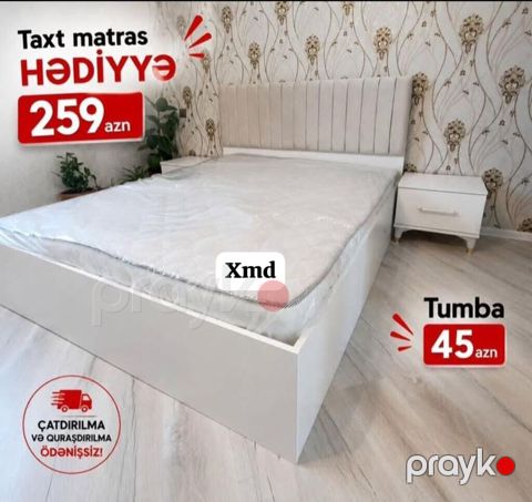 Ağ rəngli müasir yataq otağı dəsti: - Taxt: yumşaq, şaquli tikişli — Bakı