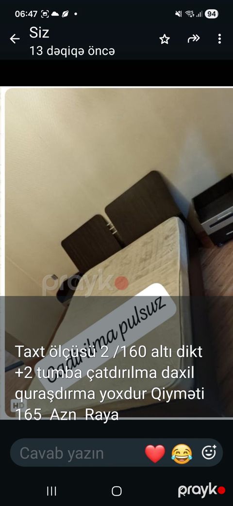 Yataq dəsti: taxt və 2 tumba - Taxt ölçüsü: 200 x 160 sm - Alt
