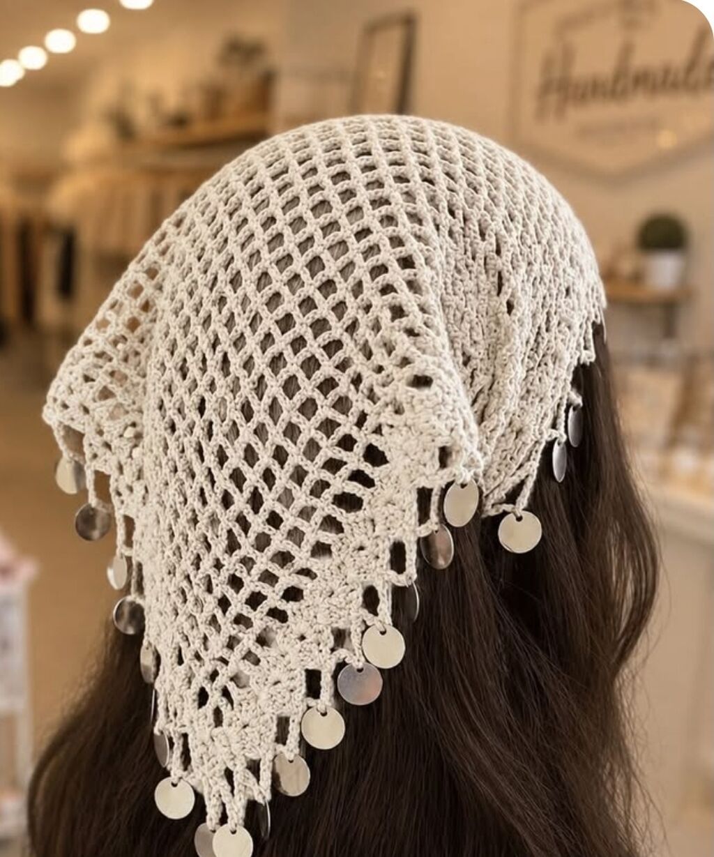 Kroşe baş örtüyü/bandana – əl işi - Model: Üçbucaq formalı, tor — Ev və dekor, Bakı (4)