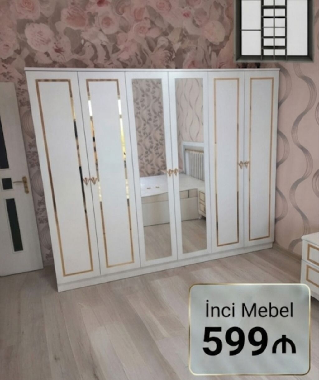 Yeni, 6 qapı, Güzgülü, Ağ, Açılan, Düz dolab