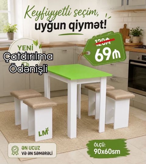 Mətbəx üçün masa və taburet dəsti - Dəst: 1 masa + 4 taburet - Rəng