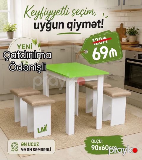 Mətbəx üçün, Yeni, Açılmayan, Dördbucaq masa, 4 stul — Digah