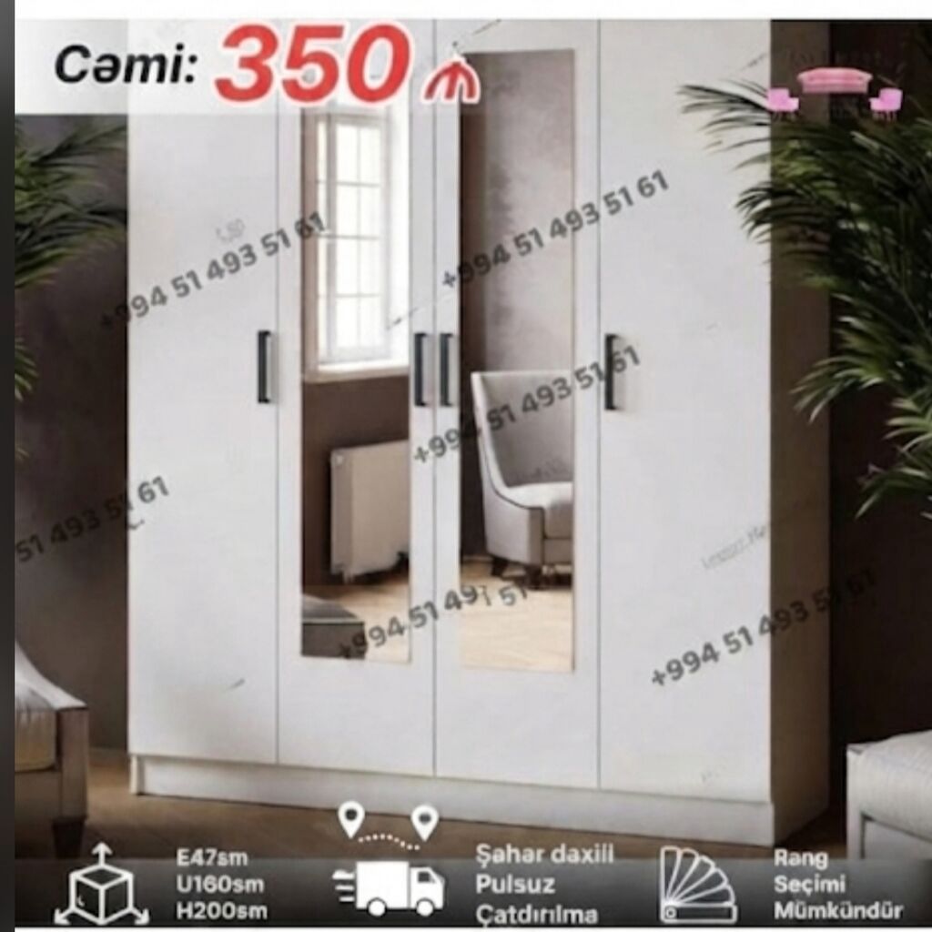 Yeni, 4 qapılı, Güzgülü, Ağ, Açılan, Düz dolab
