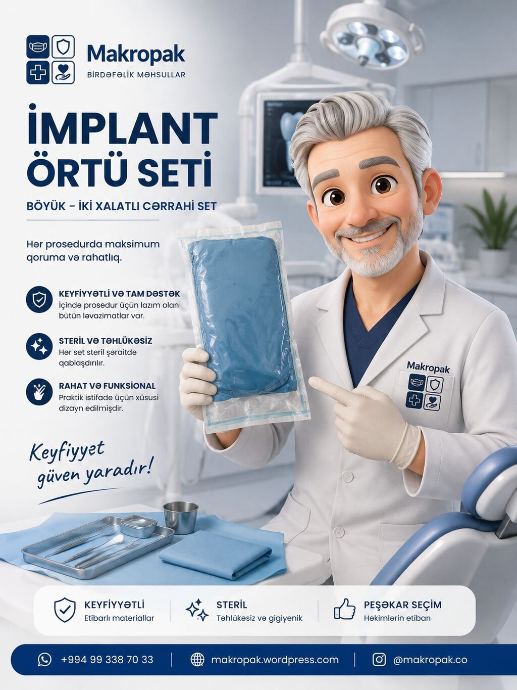🦷 İMPLANT ÖRTÜ SETİ Böyük — iki xalatlı cərrahi implant örtü seti