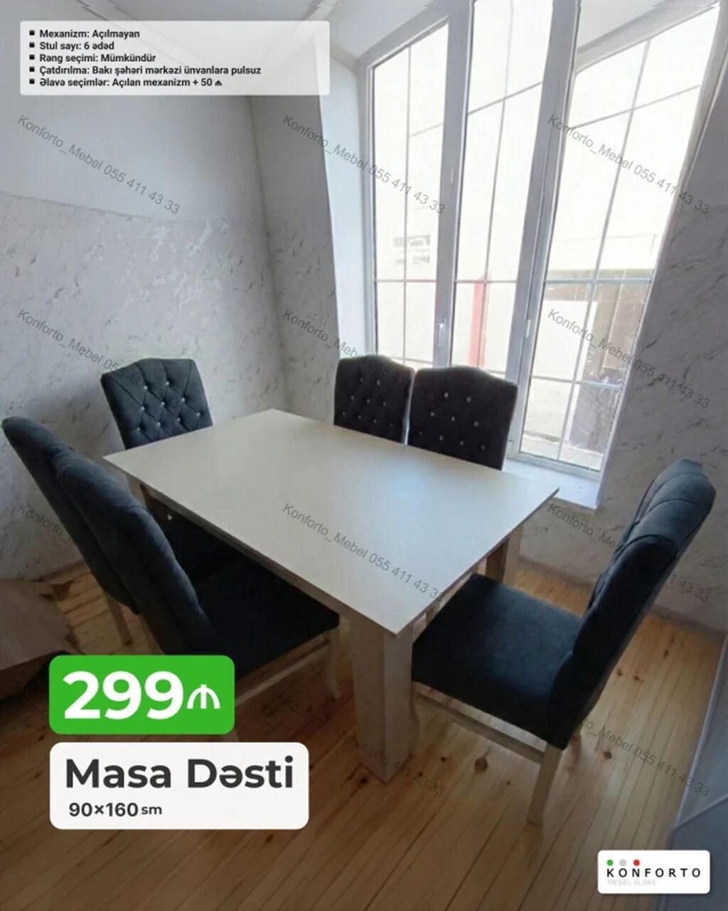 Məhsul: Masa Dəsti - Ölçü: 90×160 sm - Stul sayı: 6 ədəd - Mexanizm