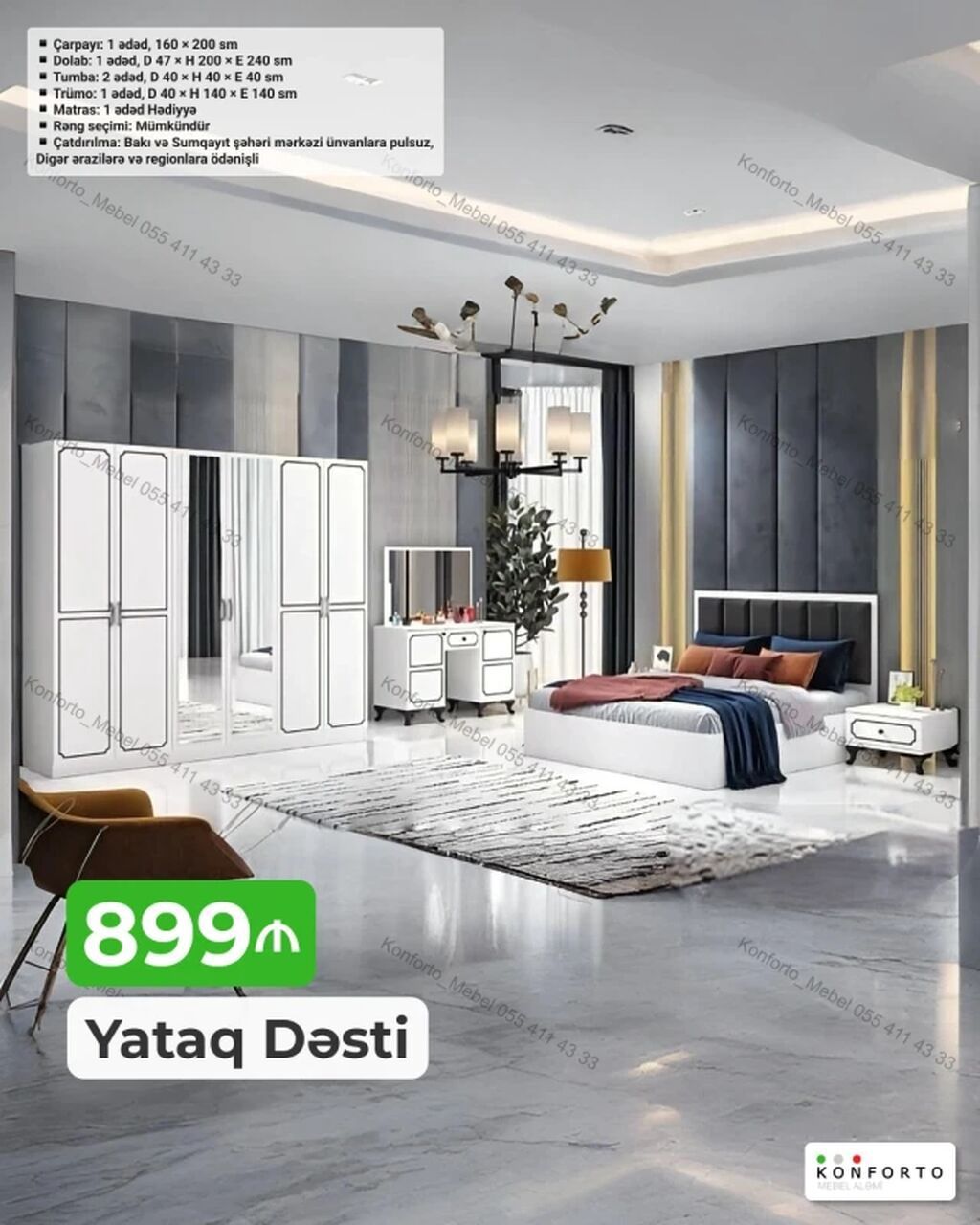 Yataq Dəsti – 899 ₼ Komplektə daxildir: - Çarpayı: 1 ədəd, 160 × 200