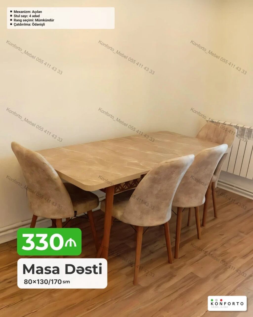 Məhsul: Masa Dəsti - Ölçü: 80×130/170 sm (açılan mexanizm – uzadıla