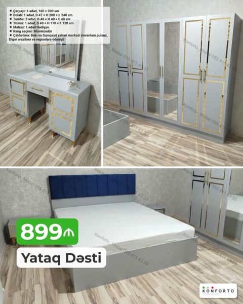 Yataq Dəsti – müasir dizayn, qızılı dekor detallar və güzgülü